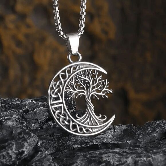 Moon Tree Of Life Unisex Stainless Steel Pendant Necklace - Picture 2 of 8